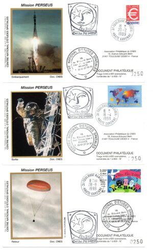Lancement Soyouz TM29 – Baïkonour 20 Février 1999 – Mission scientifique franco-soviétique Perseus Station MIR – Pochette CNES 3 Enveloppes, 5 Cartes, Badge Mission – C 47 – Réf 9040019