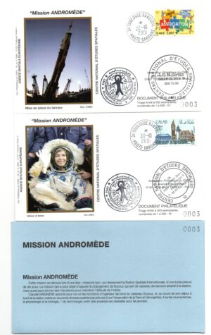 Soyouz TM33 Mission Andromède 21/10/2001 - Mission France Russie vers ISS - Pochette CNES 2Env, 2CP, 1 badge mission - C47 - 9040020