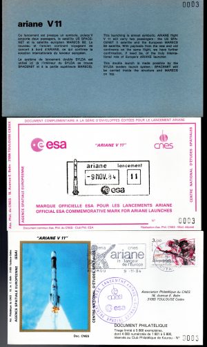 Lancement Ariane 3 - Vol 11 - Kourou 09/11/1984 - Pochette CNES 3 enveloppes - C 62 - 9010635