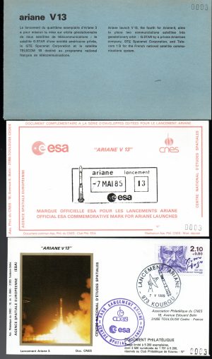 Lancement Ariane 3 - Vol 13 - Kourou 07 Mai 1985 - Pochette CNES 3 enveloppes - C 62 - 9010637