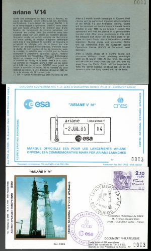Lancement Ariane 1 - Vol 14 - Kourou 02 Juillet 1985 - Pochette CNES 2 Env + 1 Carte - C 62 - 9010638