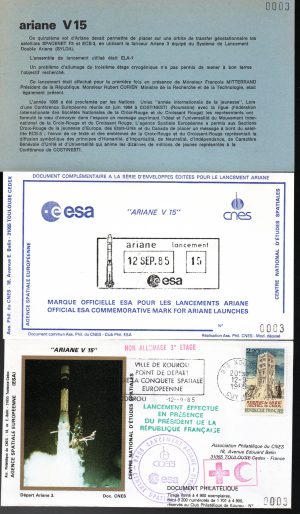 Lancement Ariane 3 -Vol 15 - Kourou 12 Septembre 1985 - Pochette CNES 3 enveloppes - C 62 - 9010639
