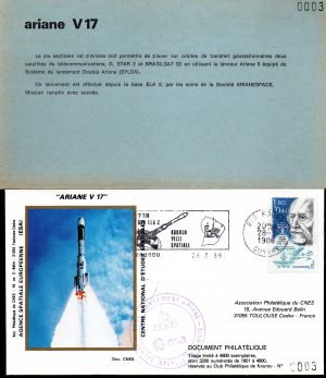 Lancement Ariane 3 - Vol 17 - Kourou 28 Mars 1986 - Pochette CNES 3 enveloppes - C 62 - 9010641