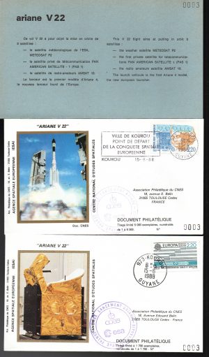 Lancement Ariane 4 - Vol 22 - Kourou 15 Juin 1988 - Pochette CNES 4 enveloppes - C 63 - 9010646