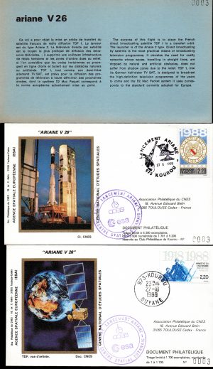 Lancement Ariane 2 - Vol 26 - Kourou 27 Octobre 1988 - Pochette CNES 2 enveloppes - C 63 - 9010650