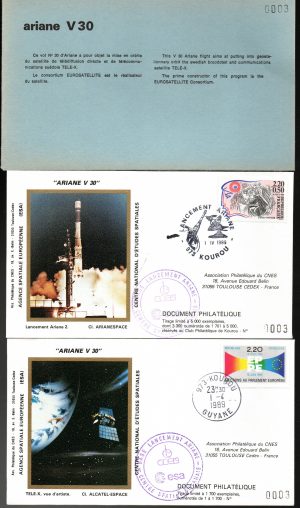 Lancement Ariane 2 - Vol 30 - Kourou 01 Avril 1989 - Pochette CNES 2 enveloppes - C 63 - 9010654