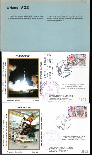 Lancement Ariane 3 - Vol 32 - Kourou 11 Juillet 1989 - Pochette CNES 2 enveloppes - C 63 - 9010656